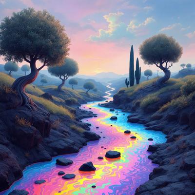 The primary subject of the image is a river flowing through a valley with trees on either side. The setting is a natural environment with a serene atmosphere. The visual style is a digital art or illustration, creating a vibrant and colorful scene. The colors and mood are predominantly blue, purple, and pink, giving the image a calming and soothing effect.